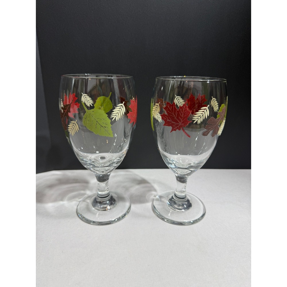 Set of 2 Libbey Autumn Leaves Wine Goblets Fall Harvest Stemware Glassware